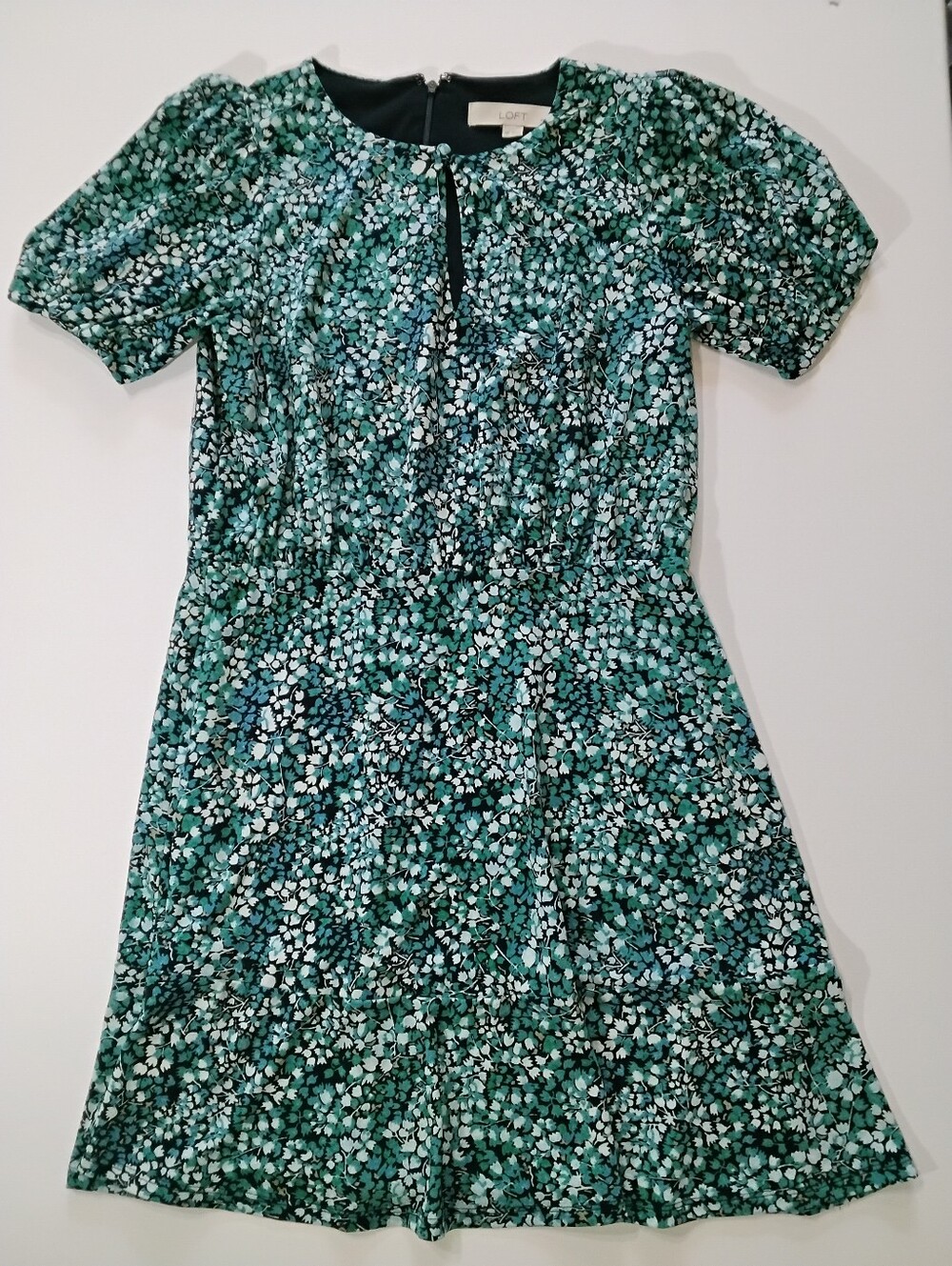 Loft Midi Dress Womens‎ 0P Navy Blue Green White Floral Puff Sleeve Cottagecore